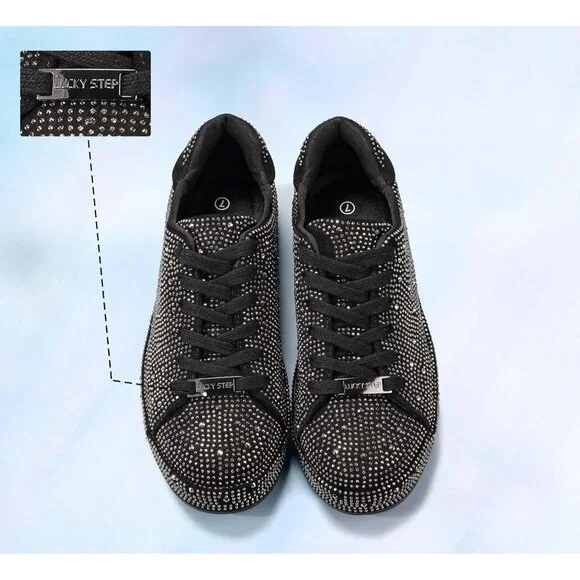 Women's Black Pewter Rhinestone Fashion Glitter Sneakers Sparkly Shiny Shoes - Picture 6 of 9